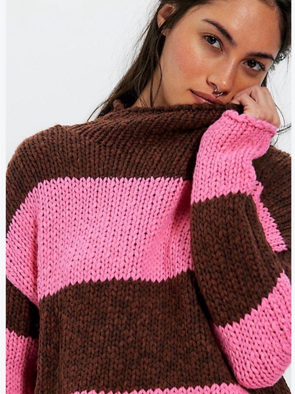 Free People, Striped Pink and Brown Chunky Knit Turtleneck Sweater
